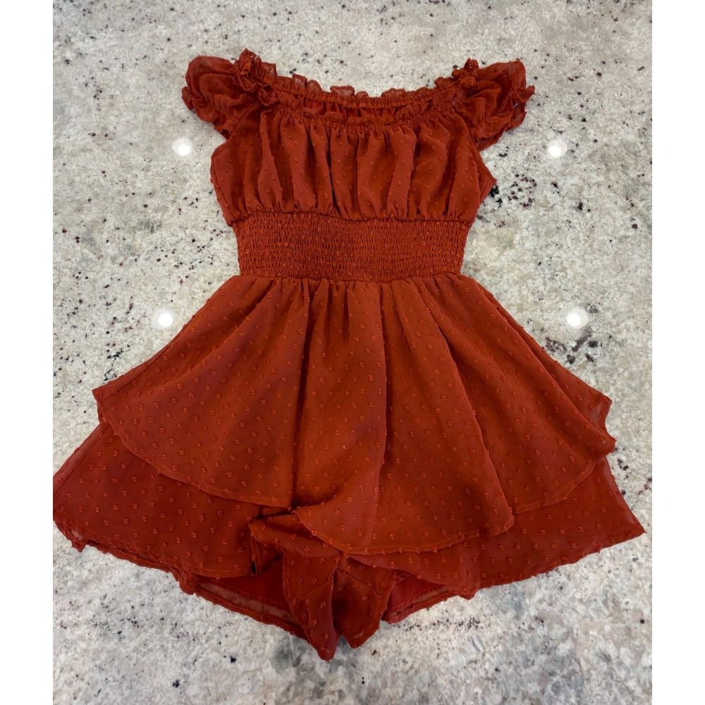 Rust Orange Swiss Dot Off Shoulder Romper Dress Size M